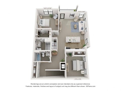 Floor plan for 2 beds, 2 baths, 1291 sqft